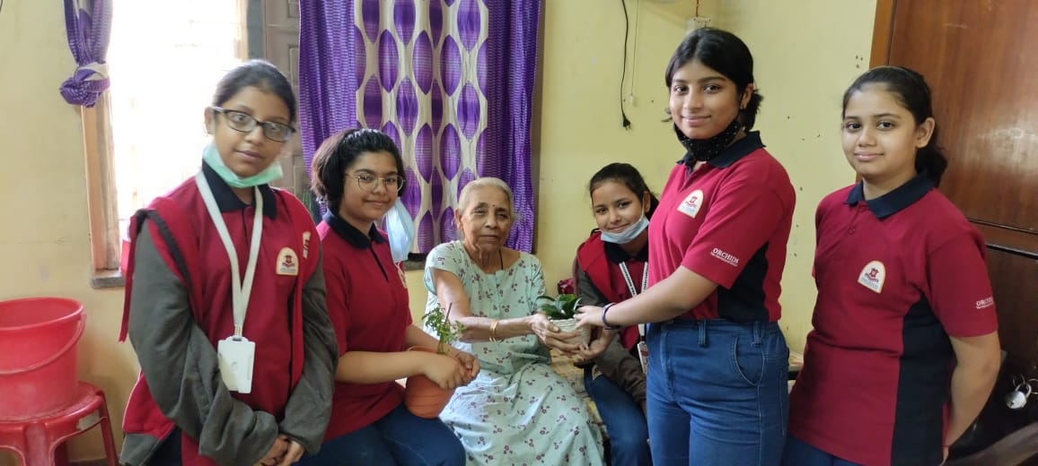Students of Orchids The International School gifting a potted plant to a granny (4)