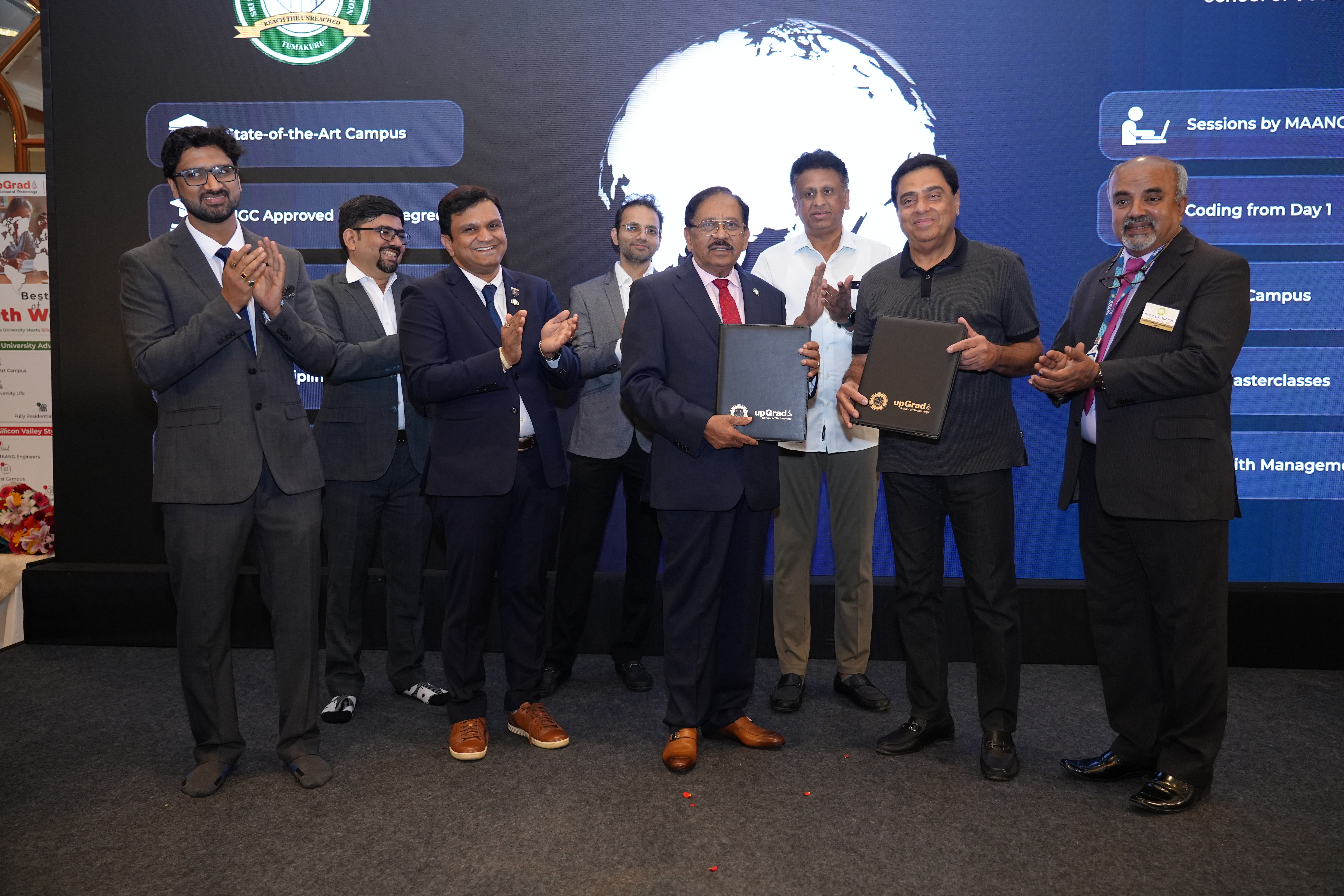 Left to Right - Vishwa Mohan and Mehul Khandhedia, Dr Vivek Veeraiah, Rishi Saraf, Dr G. Parameshwara, Dr. M. C. Sudhakar, Ronnie Screwvala, and Dr. Linge Gowda,